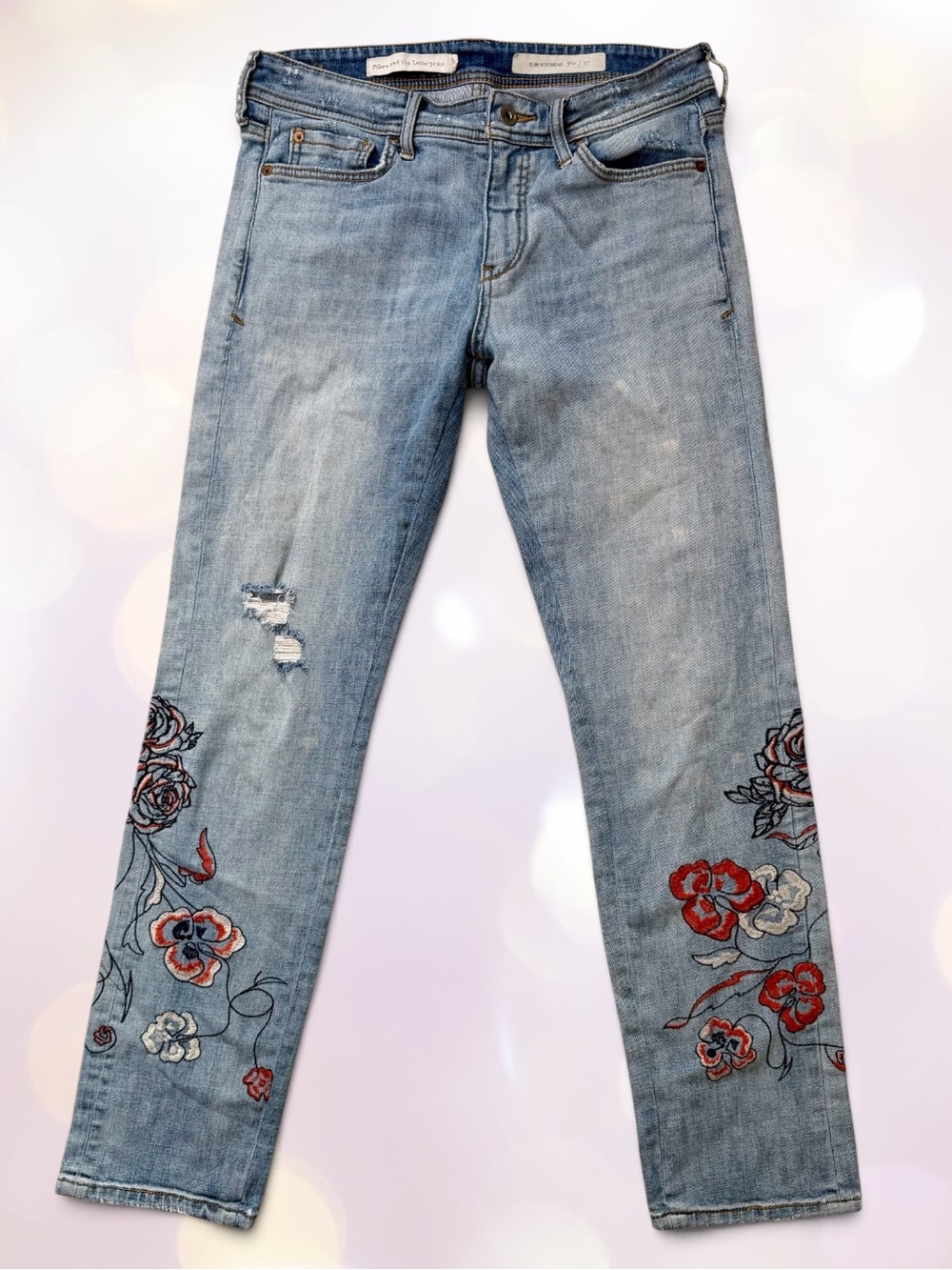 Anthropologie Pilcro Slim Boyfriend Floral Distressed Embroidered Jeans 27